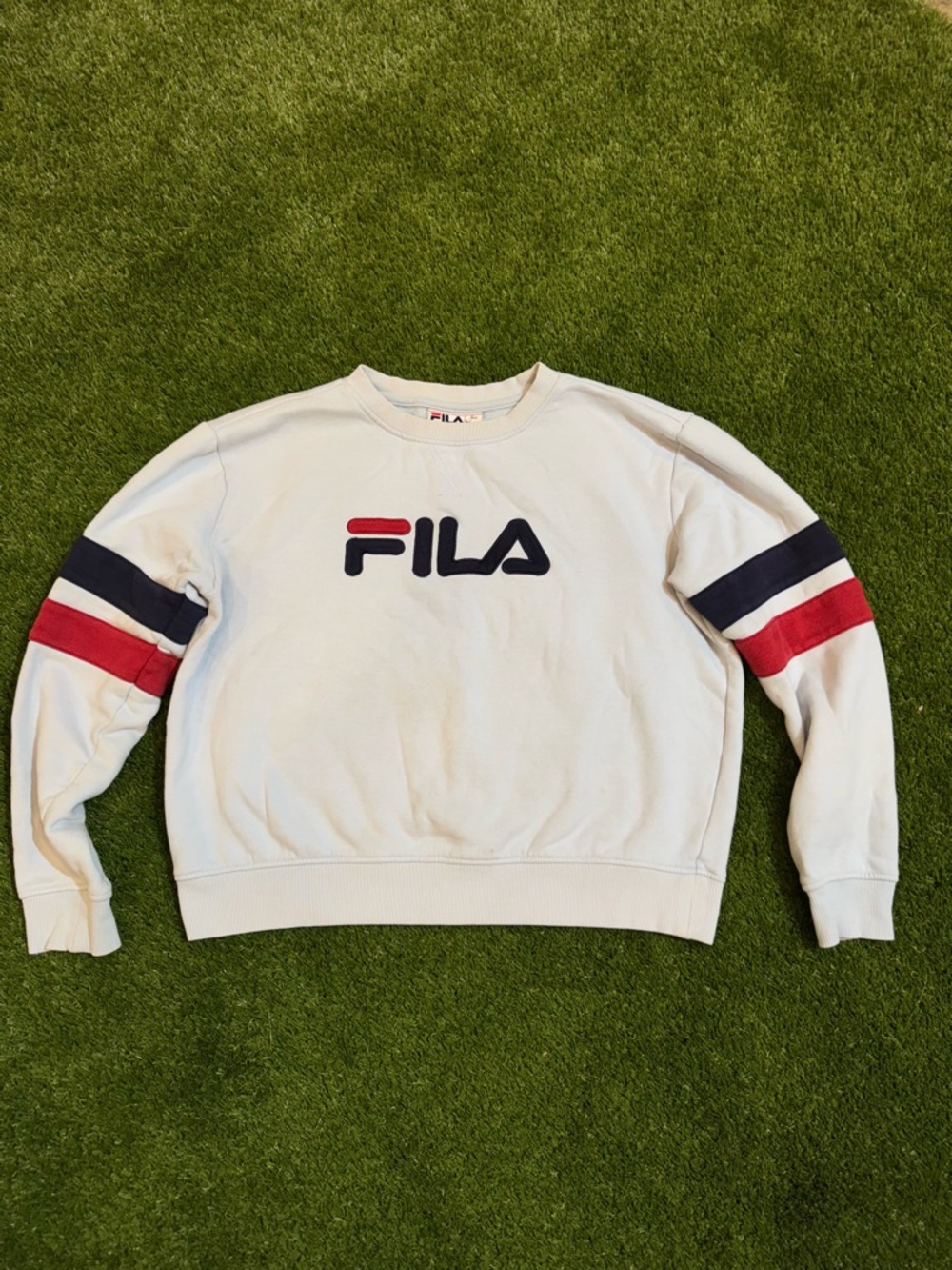 FILA 90’s Men's White Crewneck Sweatshirt with Red & Navy Stripe Y2K Size Large